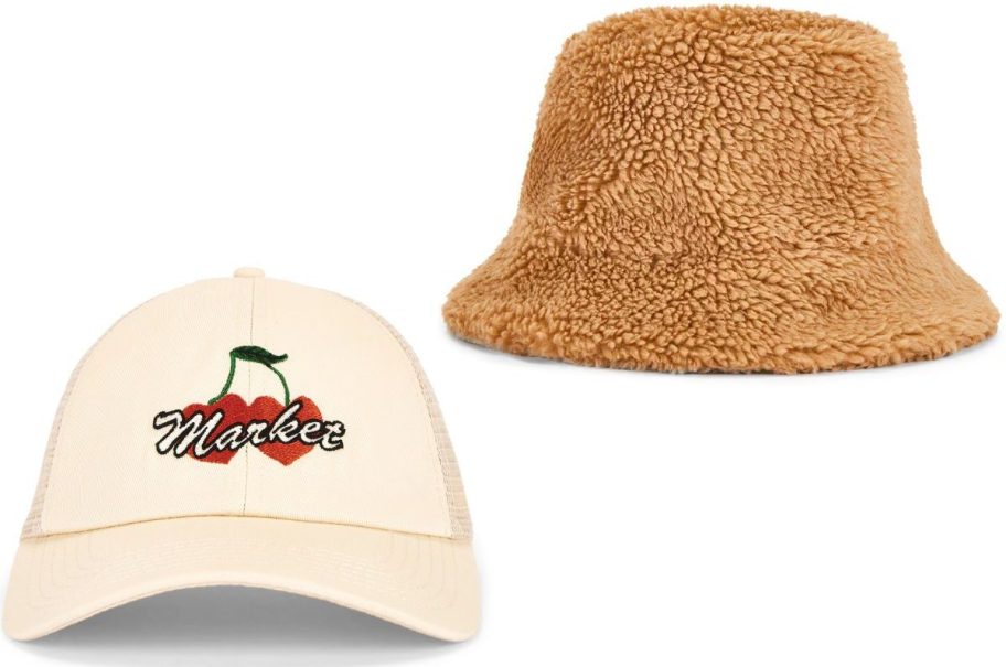 Stock images of a white baseball hat with cherries and a sherpa bucket hat