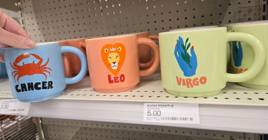 Room Essentials Zodiac Mugs on shelf in store