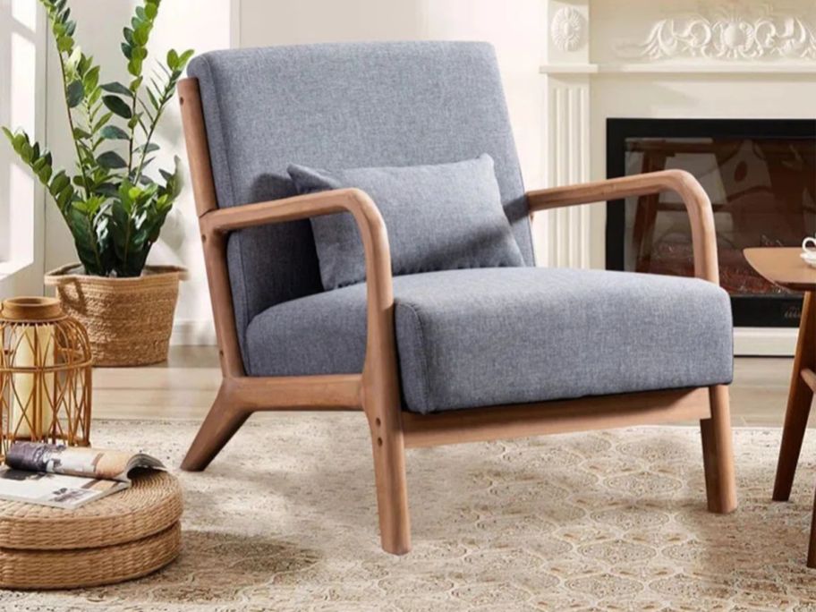 Sand & Stable Hertford Wide Mid-Century Upholstered Solid Wood Accent Chair in living room