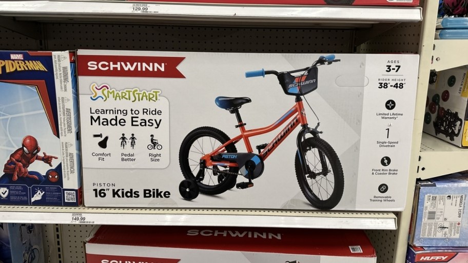 a kids schwinn bike box on a store shelf