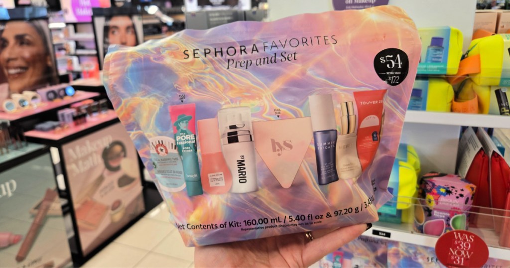 Hand holding Sephora favorites kit inside Kohl's store