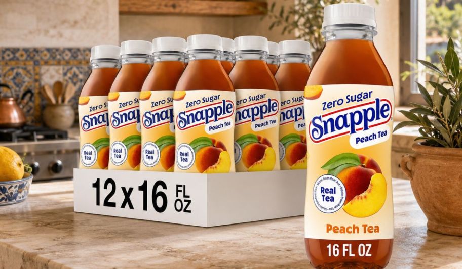 Snapple peach tea on top of a Mediterranean kitchen.