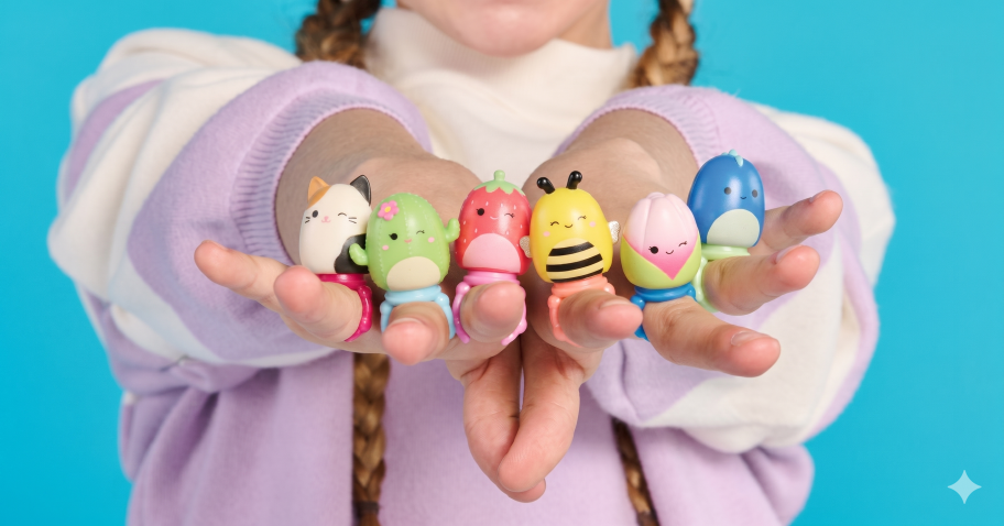 Squishmallows Squishalongs on a girls fingers