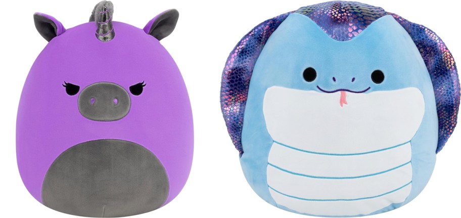 purple unicorn and blue cobra squishmallows