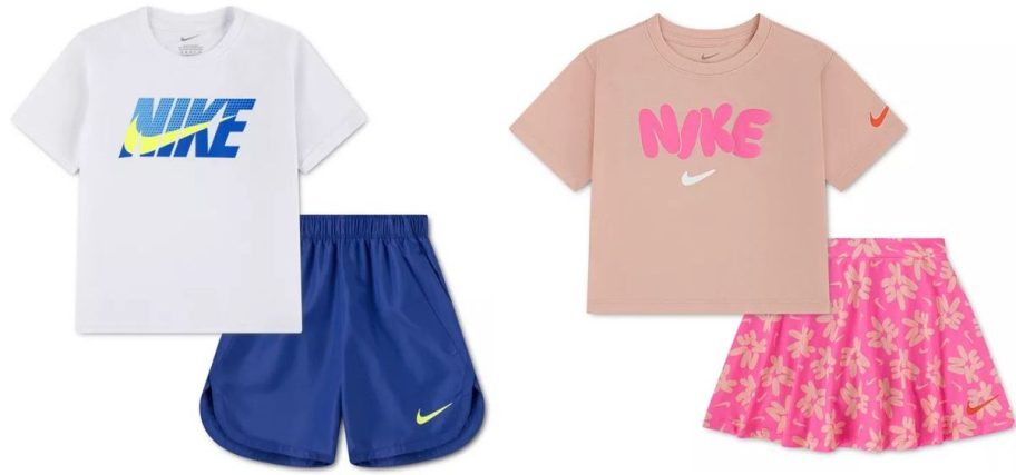 Stock images of two nike 2-piece kids clothing sets