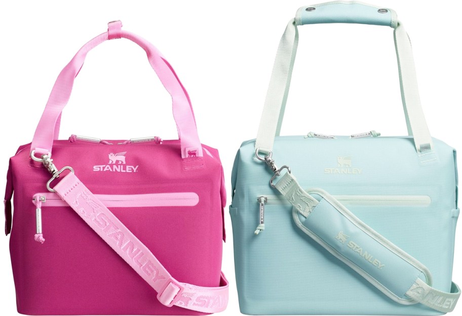 pink and light blue Stanley coolers