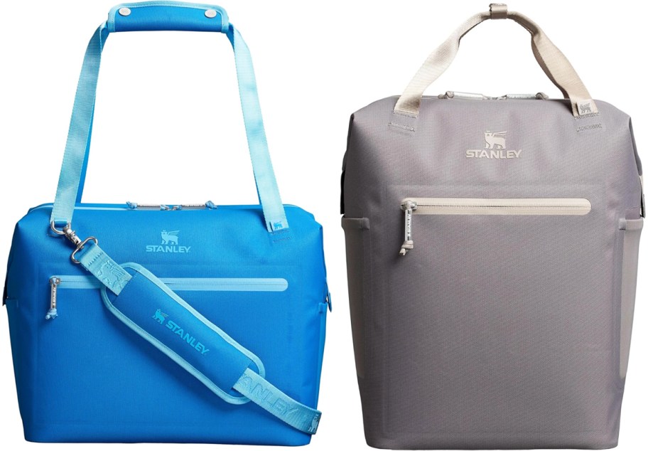blue cooler bag and grey cooler backpack