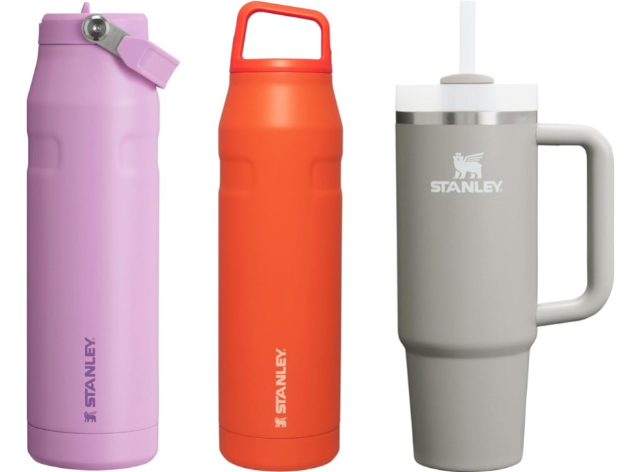 purple and red water bottles and grey tumbler