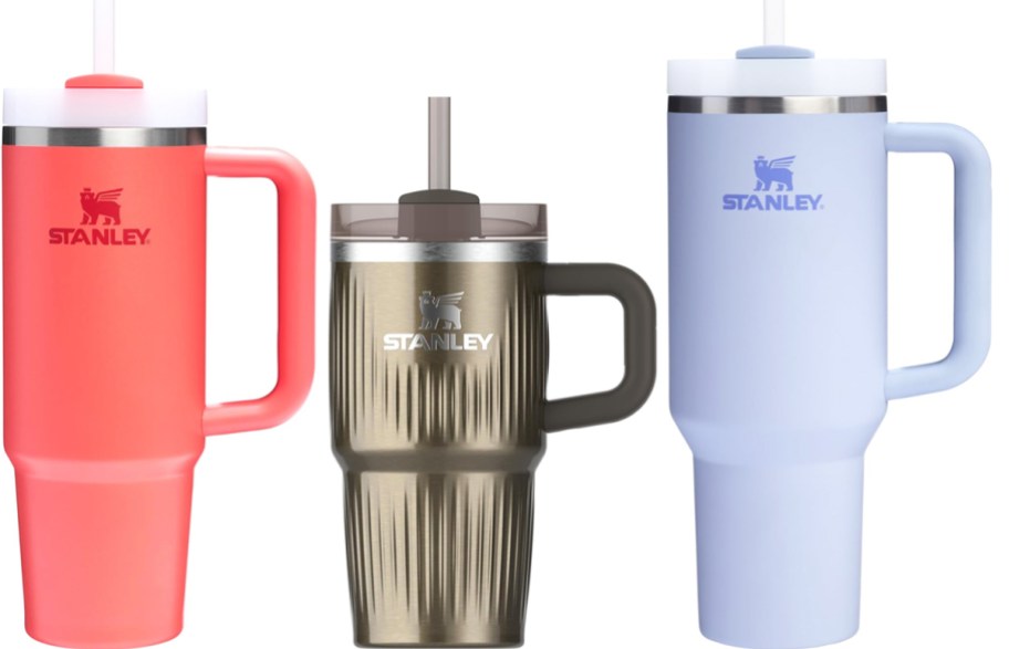 3 stanley tumblers in a row