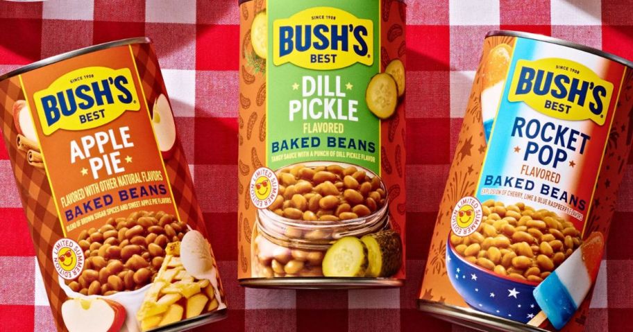 Summer-Inspired Bush's Baked Beans cans on picnic table