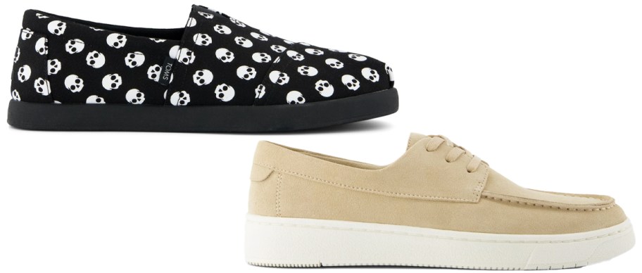black skull print sneaker and tan boat shoe