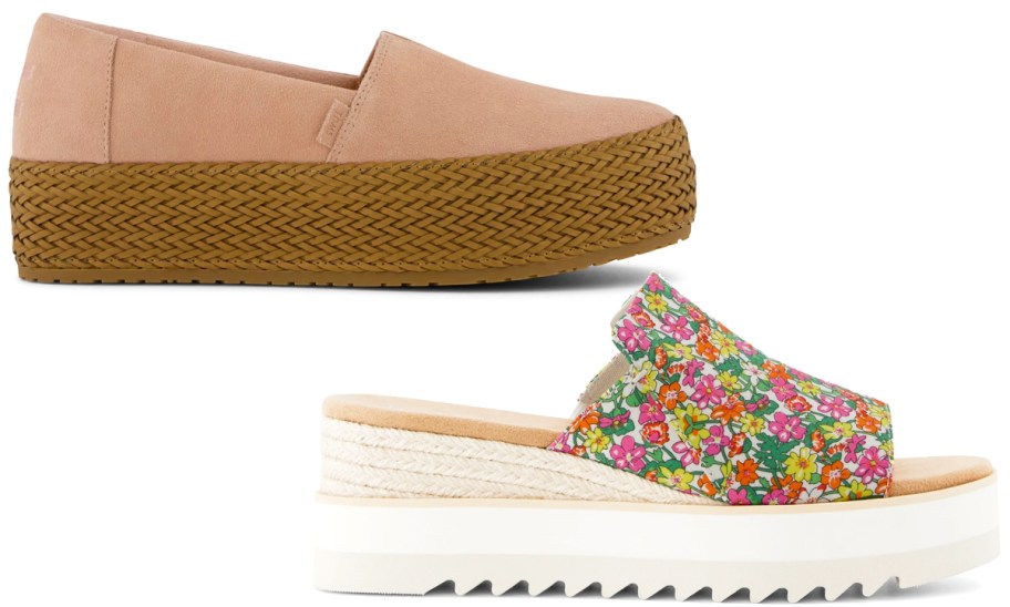 pink platform sneaker and floral print sandal