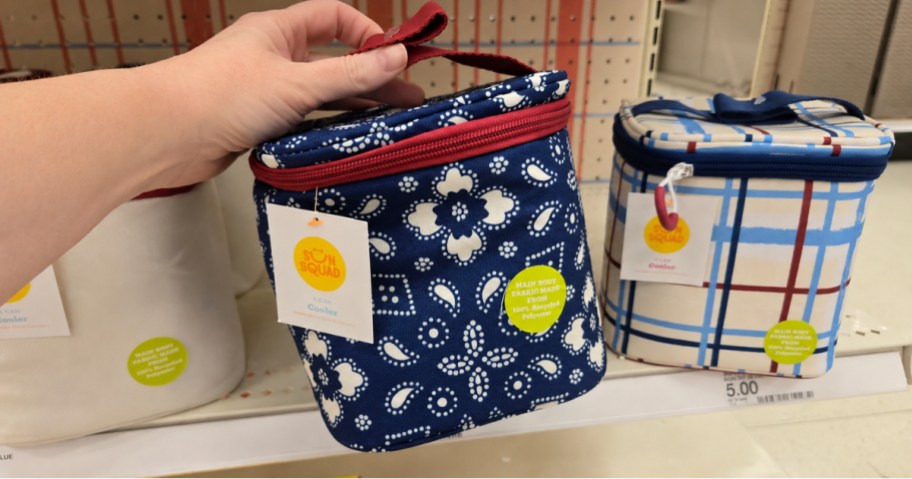 A hand holds a small cooler bag with a blue floral pattern and red trim. Nearby is a plaid cooler with blue and red lines. Price tags are visible.