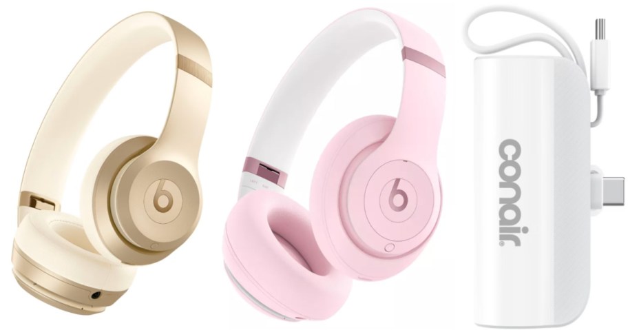 two pairs of headphones and wireless charger