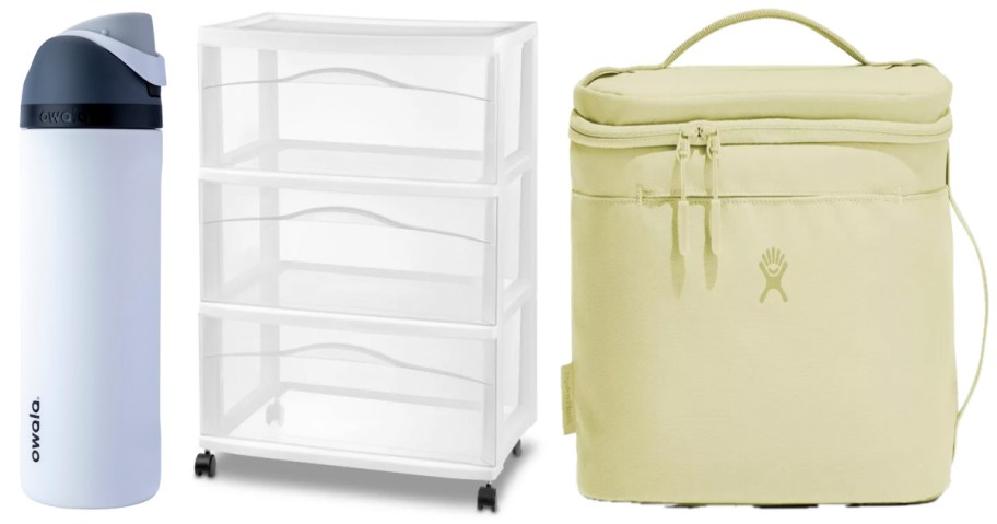 water bottle, storage cart and soft-side cooler