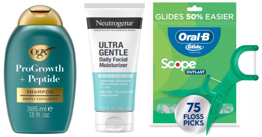 shampoo, face wash and floss picks