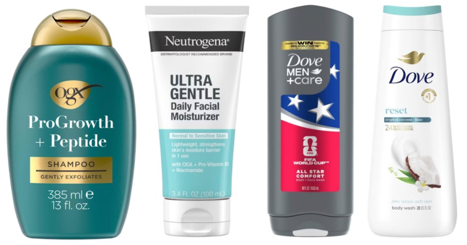 shampoo, face wash and two bottles of body wash