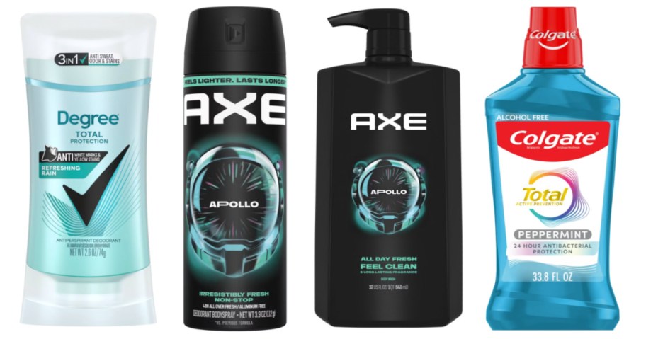 deodorant, body spray, body wash and mouthwash