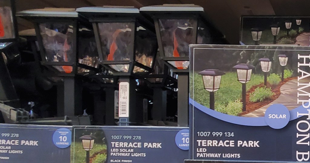 Black Terrace, Park outdoor solar lights on display inside Home Depot store