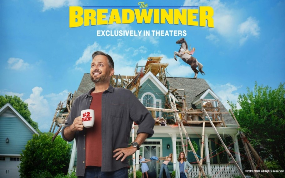 the breadwinner movie poster with a man holding a coffee cup in front of a house with a family and horse