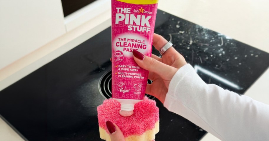 The Pink Stuff Tube being used on a sponge