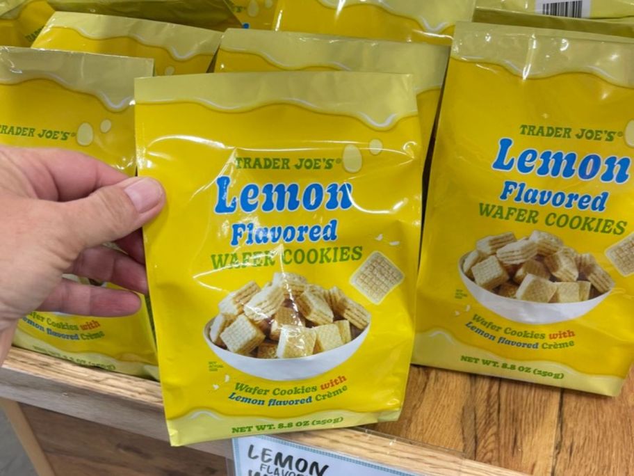 Trader Joe's Lemon Flavored Wafer Cookies in hand in store