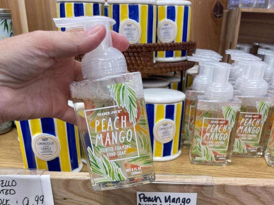 Trader Joe's Peach Mango Scented Foaming Hand Soap in hand in store