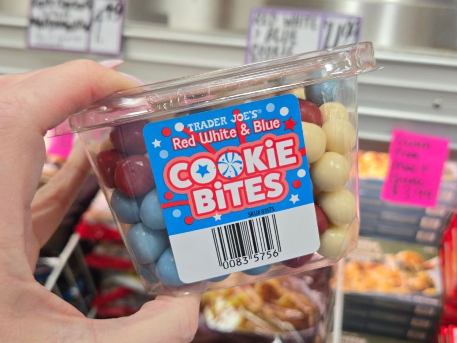 Trader Joe's Red White & Blue Cookie Bites in hand in store