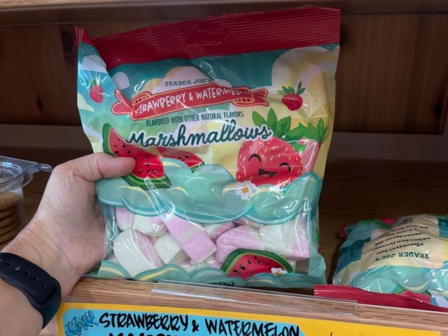 Trader Joe's Strawberry & Watermelon Marshmallows in hand in store