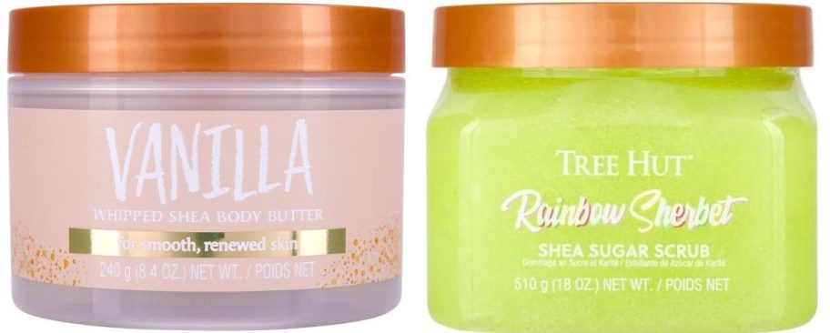 Stock images of tree vanilla whipped body butter and rainbow sherbet sugar scrub