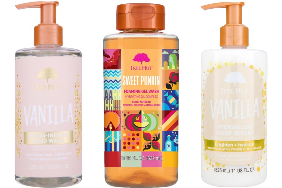tree hut hand wash, body wash, and body serum bottles in a row