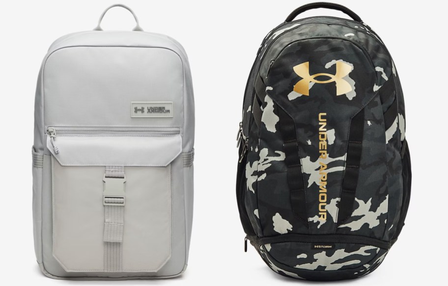light grey and camo print backpacks