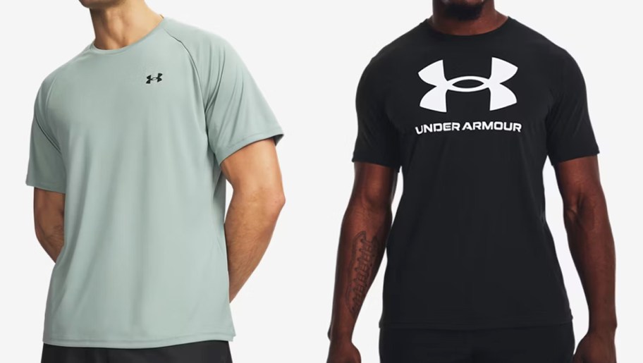two men in sage green and black tshirts