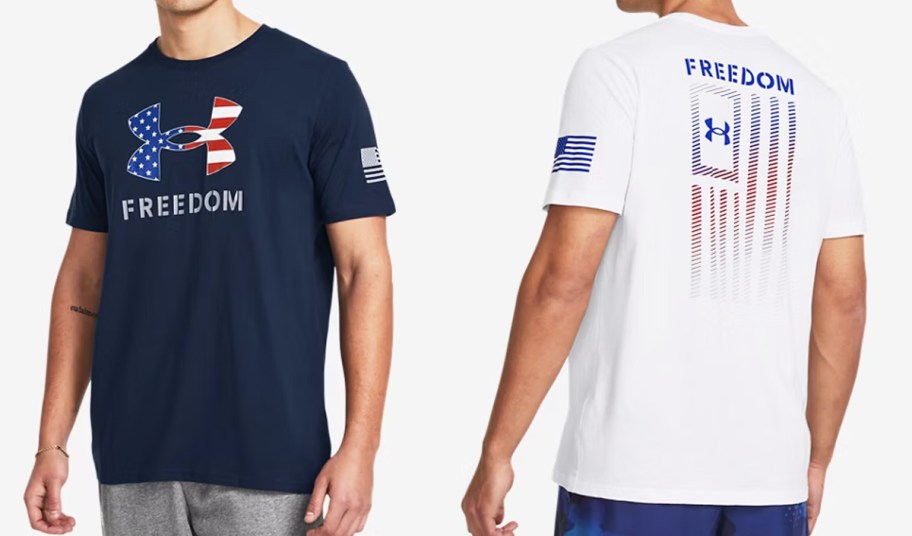 two men in blue and white flag graphic tshirts