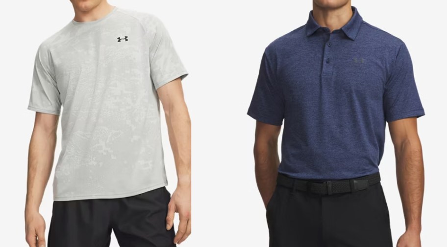 men in light grey tshirt and navy blue polo