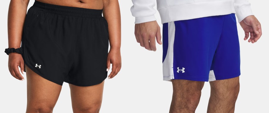 woman in black shorts and man in blue shorts