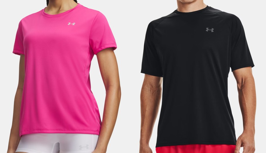 woman in pink tee and man in black tee
