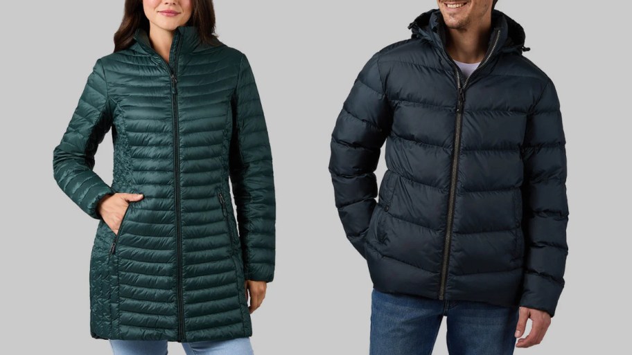 woman in an ultra light down coat can man in a hooded puffer jacket