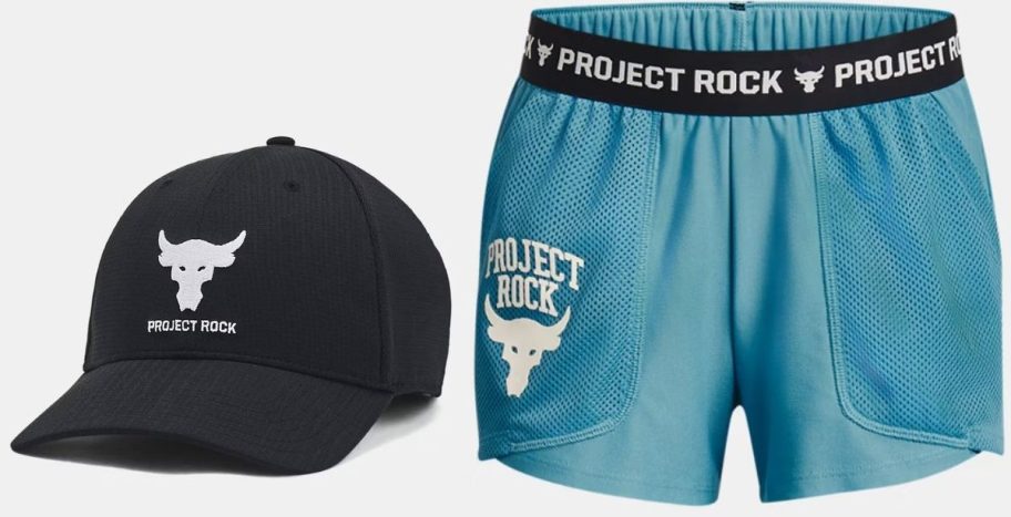 Stock images of an Under Armour Project Rock hat and girl's mesh shorts