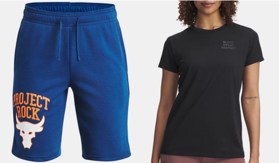 Stock images of Under Armour Project Rock Boys shorts and women's shirt