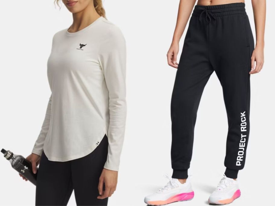 Stock images of Under Armour Project Rock women's top and joggers
