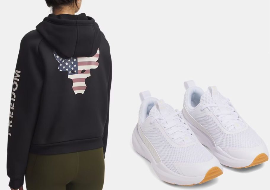 Stock images of a women's Under Armour Project rock Hoodie and sneakers