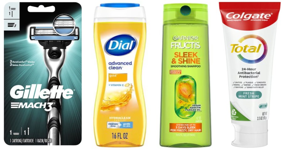razor, body wash, shampoo and toothpaste