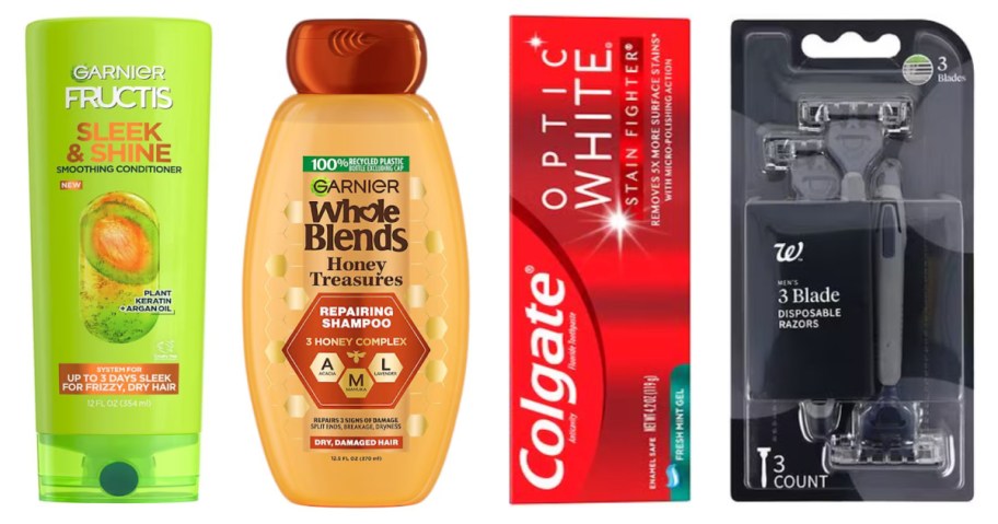 two bottles of shampoo, toothpaste and disposable razors