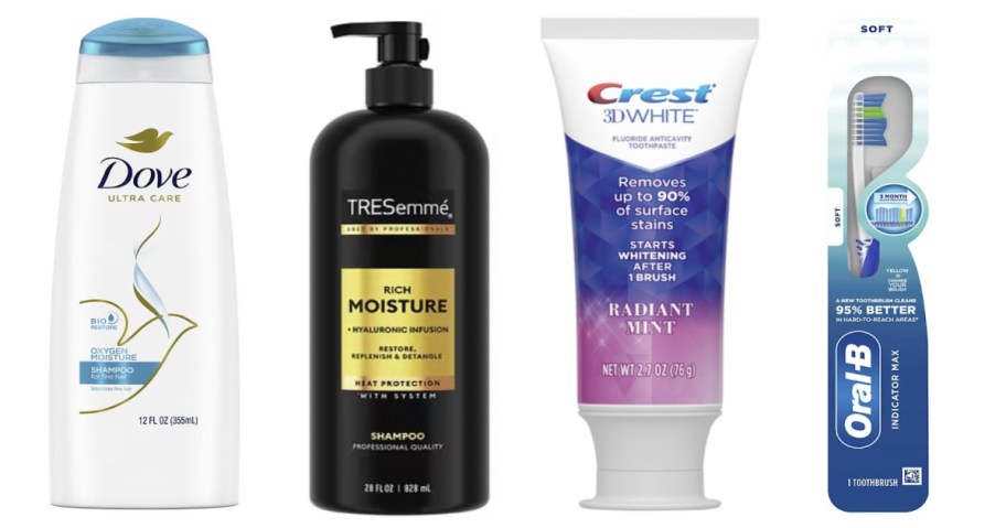 two bottles of shampoo, toothpaste and toothbrush