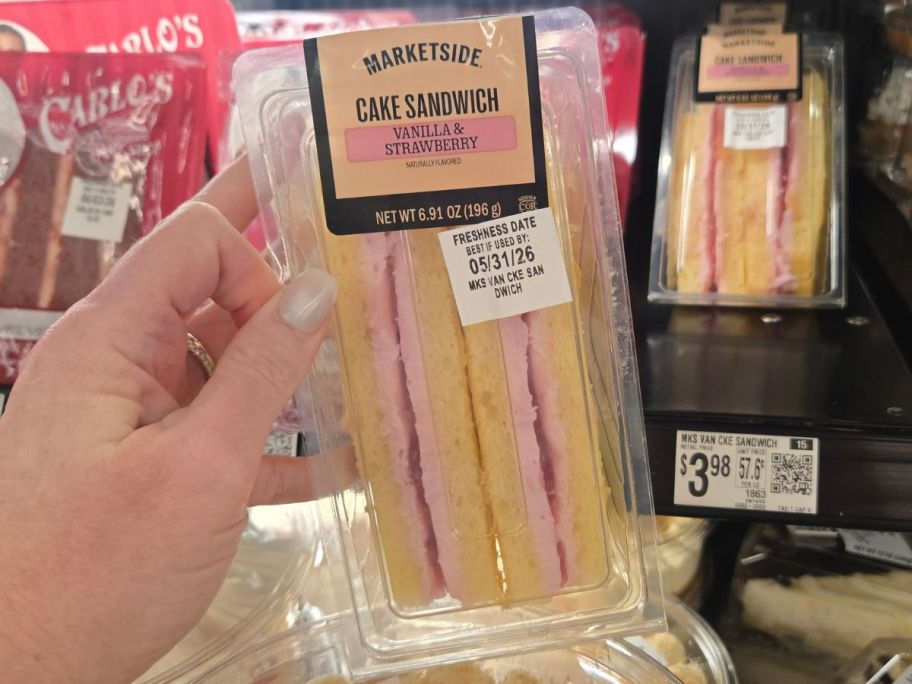 A carton with a Marketside Strawberry Cake Sandwich