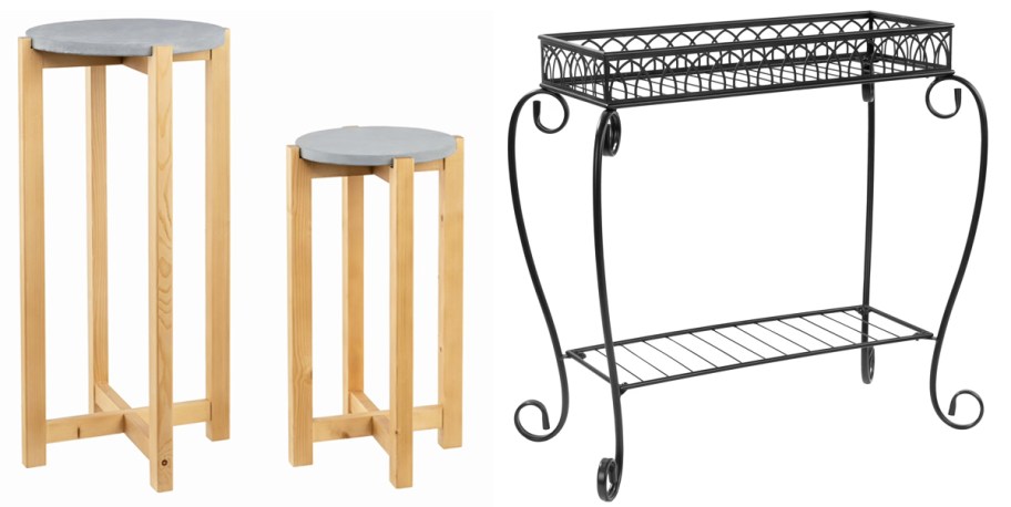 two wood and large black metal plant stands