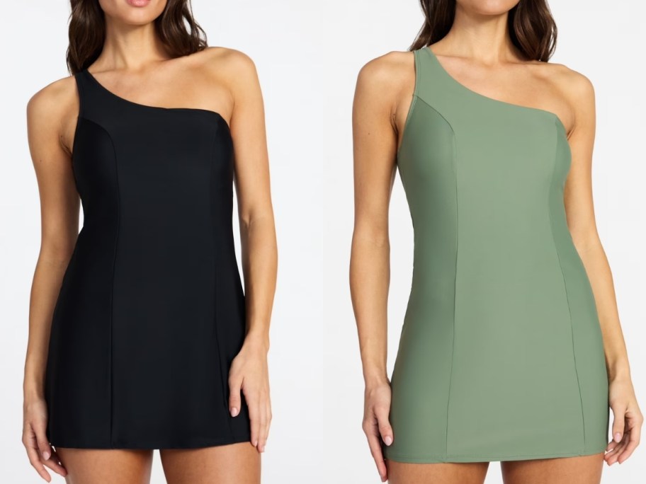 stock images of women wearing time and tru walmart swim dress in black and green