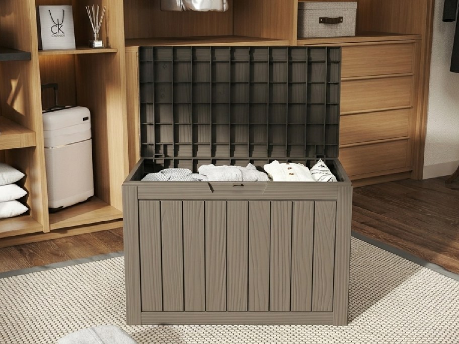 Wooden storage chest with open lid revealing neatly folded clothes. Set in a cozy, organized closet with wooden shelves, a suitcase, and a woven rug.