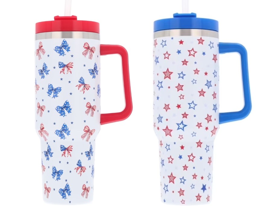 stock images of way to celebrate 4th of july tumblers with patriotic bows and stars on cups